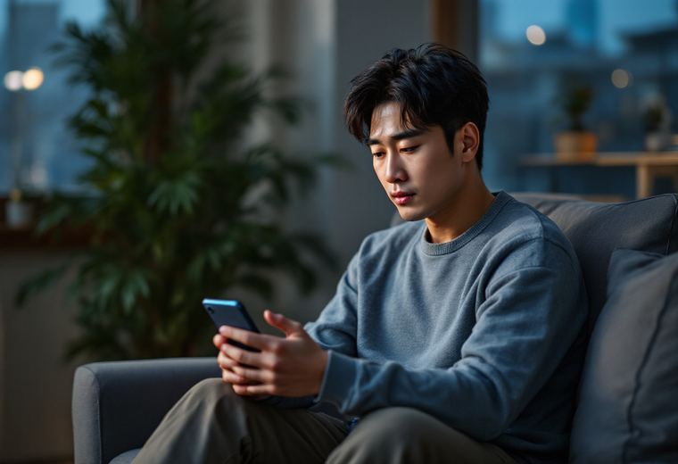 집에서 와이파이로 선불폰 개통을 신청하는 모습